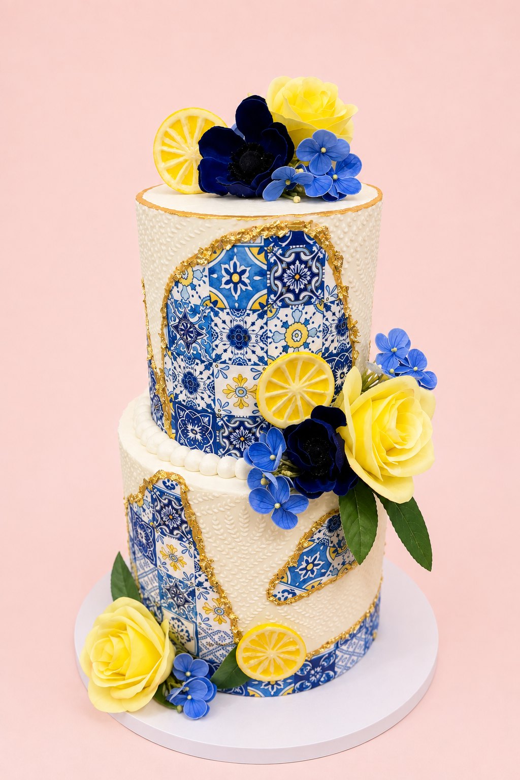 Blue and yellow lemon floral tiered cake